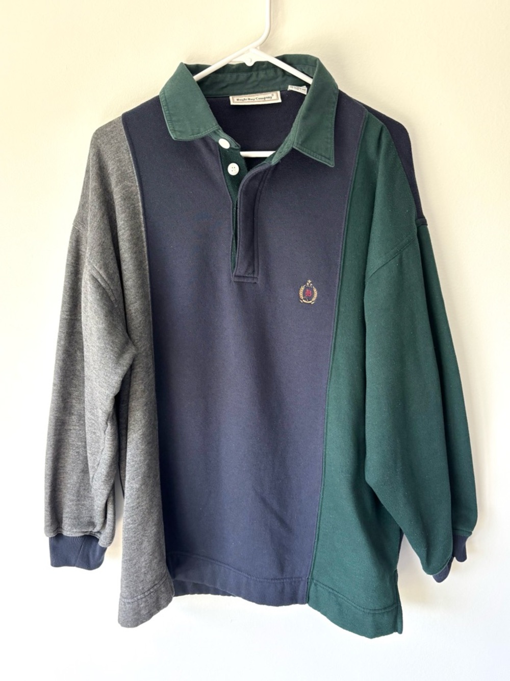 Bugle Boy Vintage Rugby 1/4 Button Front Polo Color Block Navy Blue Green Grey